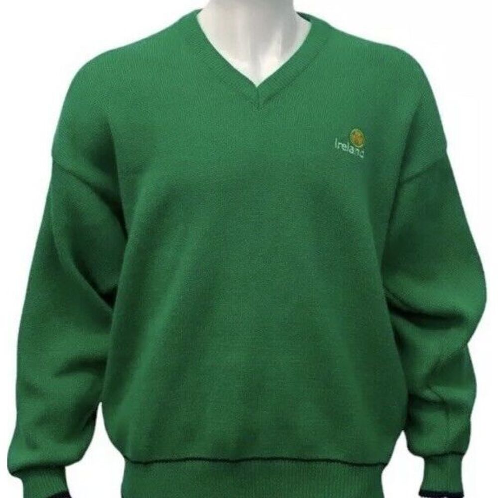 Blarney Woolen Mills "Ireland" Green Shamrock VNeck Acrylic‎ Sweater Men's Large